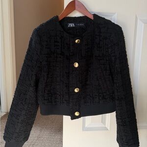 Zara Black Textured Blazer with Gold Buttons